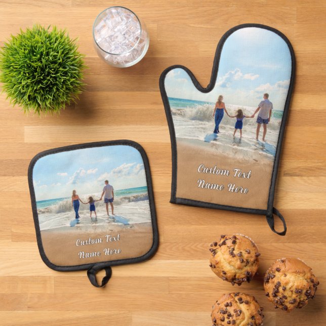 Personalized Design Your Own Photo and Custom Text Oven Mitt & Pot Holder Set (Top Down)