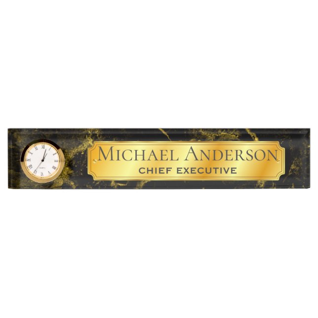Personalized Desk NAME Plate Black GOLD MARBLE 2 (Front)