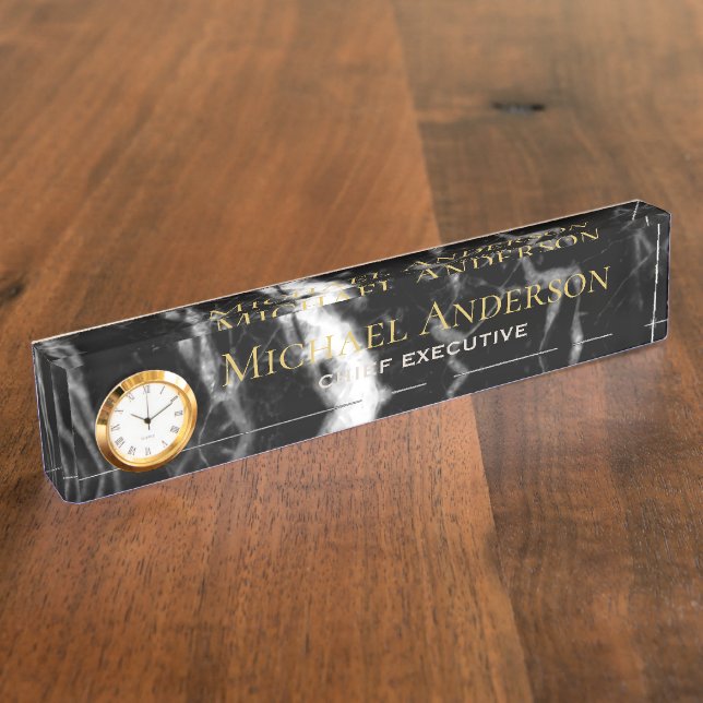 Personalized Desk NAME Plate Black White MARBLE (Side)