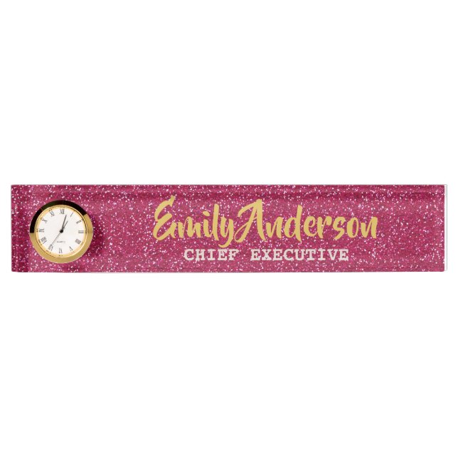 Personalized Desk NAME Plate PINK GLITTER GOLD (Front)