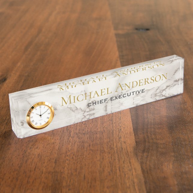 Personalized Desk NAME Plate White GREY MARBLE (Side)