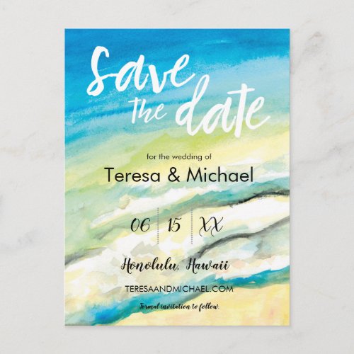 Personalized Destination Wedding Beach watercolor Announcement Postcard