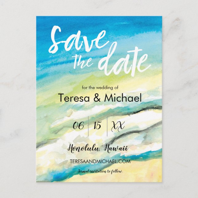 Personalized Destination Wedding Beach watercolor Announcement Postcard (Front)