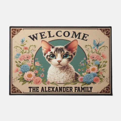 Personalized Devon Rex Cat Stylish Floral Welcome Doormat
