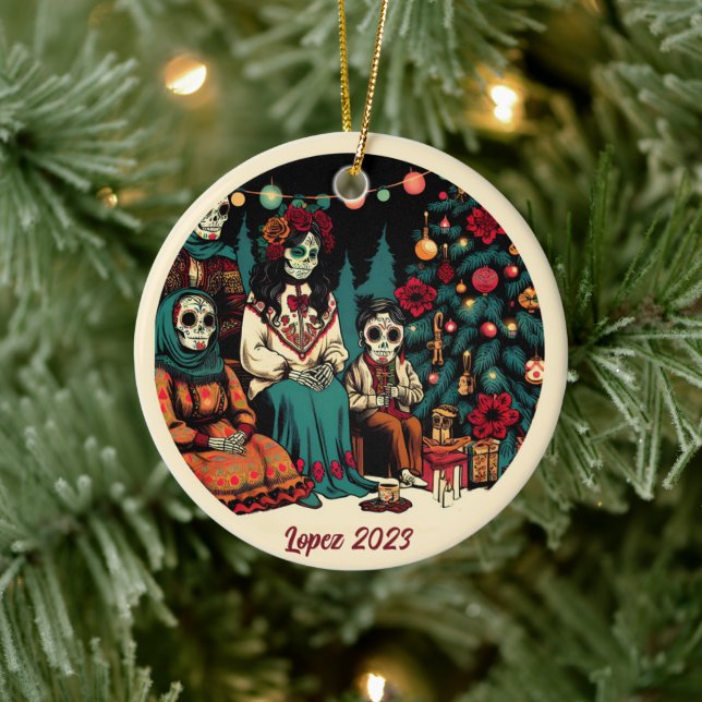 Personalized Día de los Muertos Christmas Holiday Ceramic Ornament (Tree)