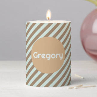 Personalized Diagonal Striped Brown & Blue Pillar Candle