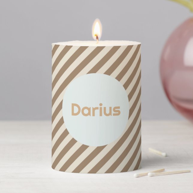 Personalized Diagonal Striped Brown Pillar Candle (In Situ)