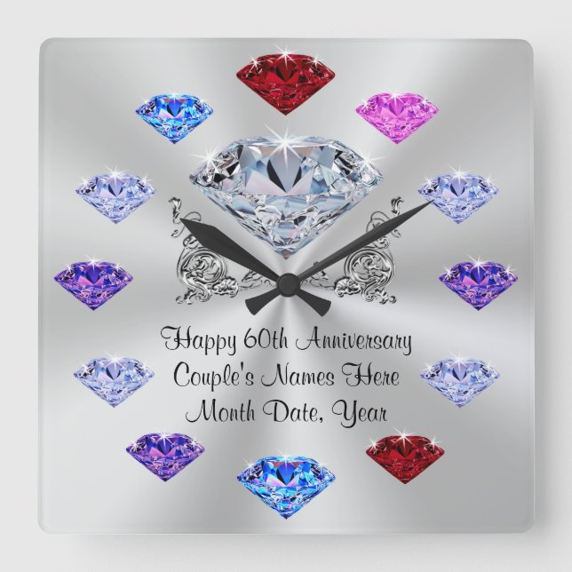 Personalized Diamond Anniversary Clock, Birthstone Square Wall Clock (Front)