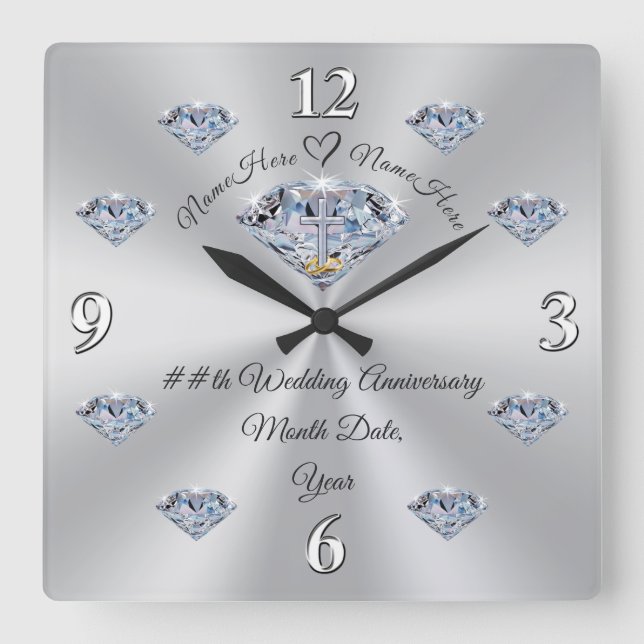 Personalized Diamond Anniversary Clock, CHRISTIAN Square Wall Clock (Front)