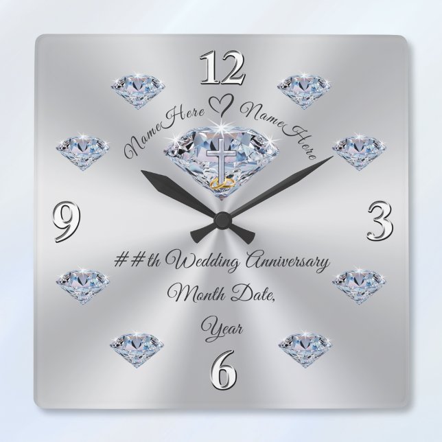 Personalized Diamond Anniversary Clock, CHRISTIAN Square Wall Clock (Christian wedding anniversary gifts. 60th wedding anniversary presents for parents. Diamond themed.)