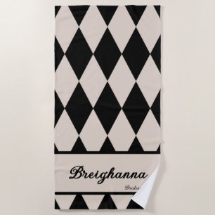 Personalized Diamond Checkered Black + Beige Beach Towel