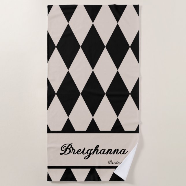 Personalized Diamond Checkered Black + Beige  Beach Towel (Front)