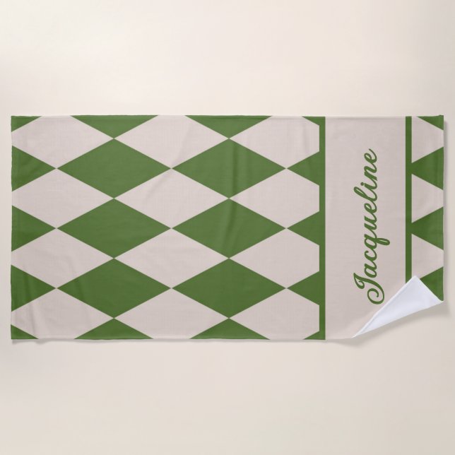 Personalized Diamond Checkered Green + Beige  Beach Towel (Front)