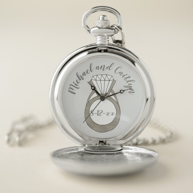 Personalized Diamond Engagement Ring Wedding Bride Pocket Watch (Inside)