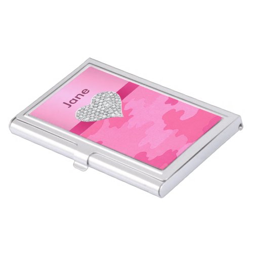 Personalized Diamond Heart Pink Camo Card Holder