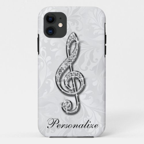 Personalized Diamond Music Note Floral Damask iPhone 11 Case