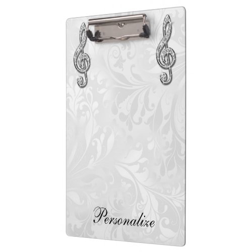 Personalized Diamond Music Note Floral Damask Clipboard