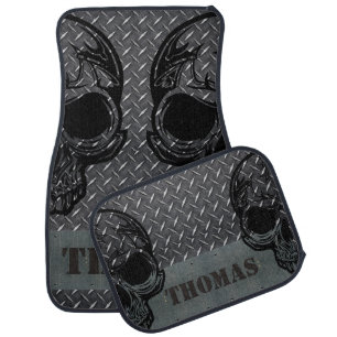Personalized Diamond Plate with Half Skulls Car Mat