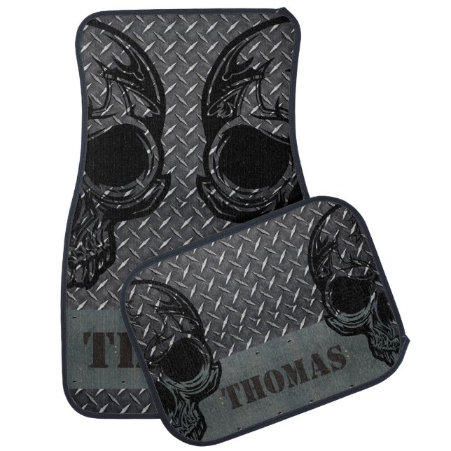 Personalized Diamond Plate with Half Skulls Car Mat (Set)