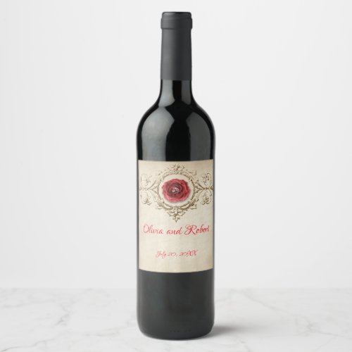 Personalized diamond ring and red rose wine label