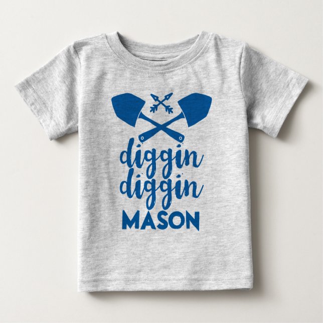 Personalized Diggin Diggin Blue and Gray Baby T-Shirt (Front)