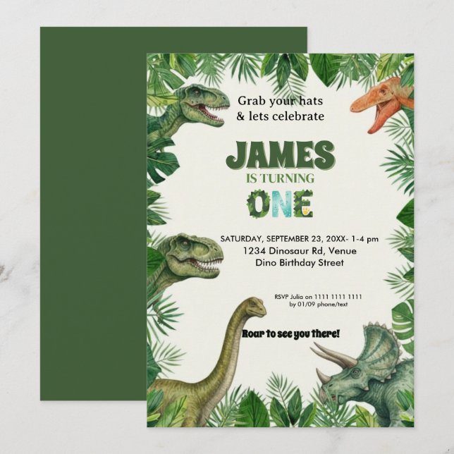 Personalized Dino 1st Birthday Invitation Suite (Front/Back)