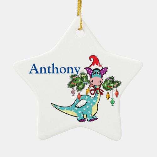 Personalized Dino Christmas  Ceramic Ornament