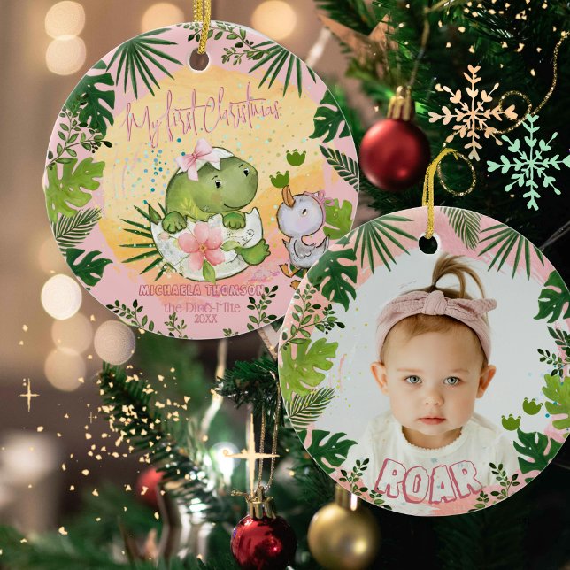 Personalized Dino 'My First Christmas' Photo  Ceramic Ornament (Personalized Dino 'My First Christmas' Photo Ceramic Ornament)