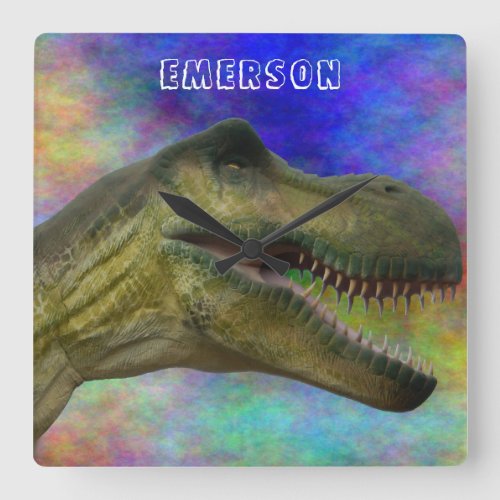 Personalized Dino T_Rex Dinosaur Head on Colorful  Square Wall Clock