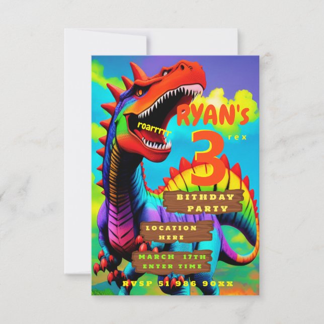 Personalized dino three rex birthday invitation (Front)