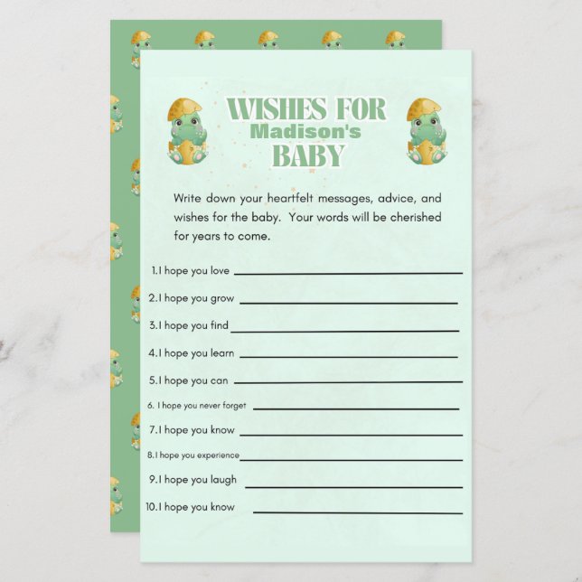 Personalized Dino Wishes for Baby Shower Game (Front/Back)