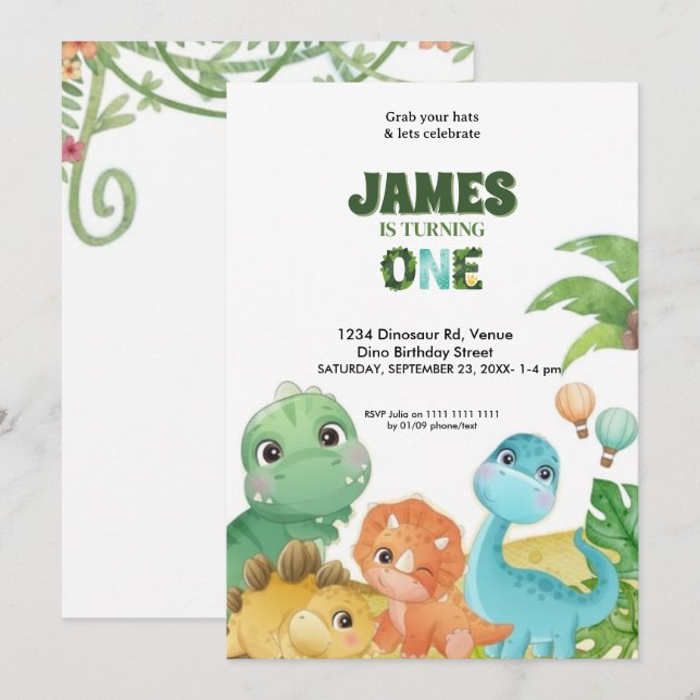 Personalized Dinosaur 1st Birthday Invitation  (Front/Back)