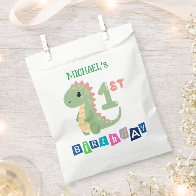 Personalized Dinosaur 1st Birthday Party Favor Bag (Clipped)