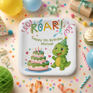 Personalized Dinosaur 5th Birthday Paper Plate