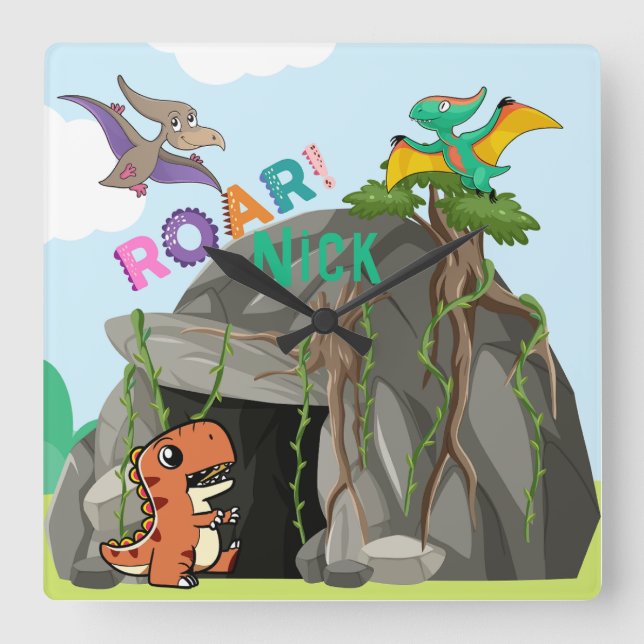 Personalized Dinosaur and Friends Square Wall Clock (Front)