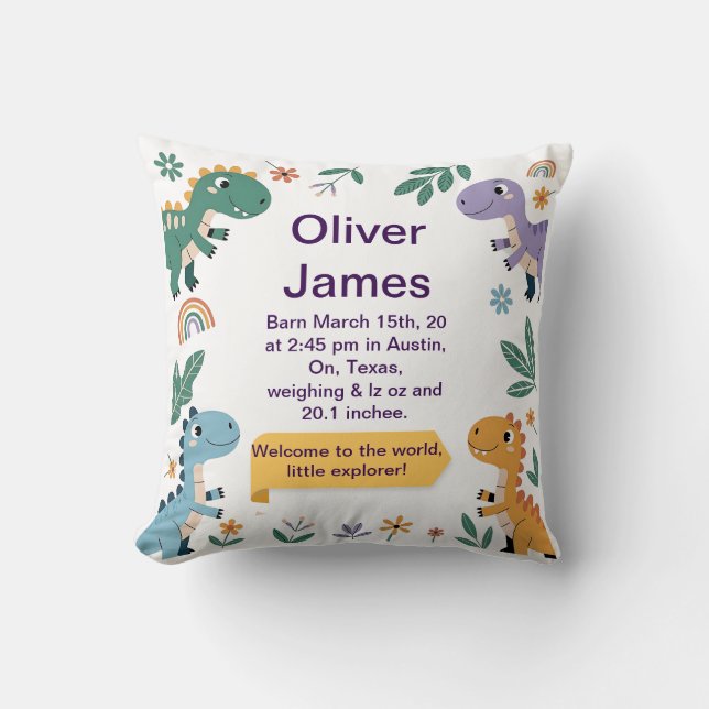Personalized Dinosaur Birth Stats Birthday Pillow (Front)