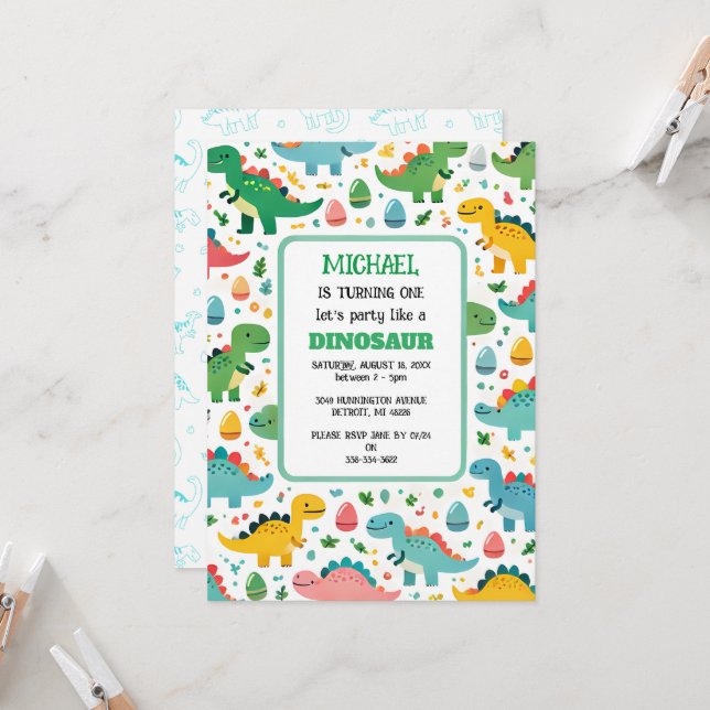 Personalized Dinosaur Birthday Party Invitation (Front/Back In Situ)