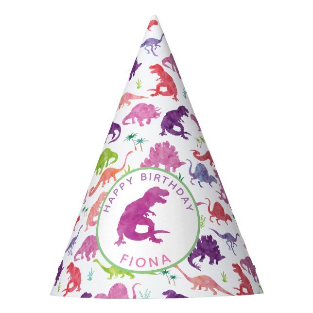 Personalized Dinosaur Birthday Party Pattern Pink Party Hat (Front)