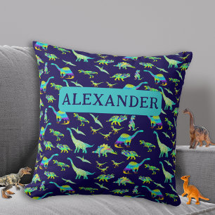Personalized Dinosaur Blue Throw Pillow