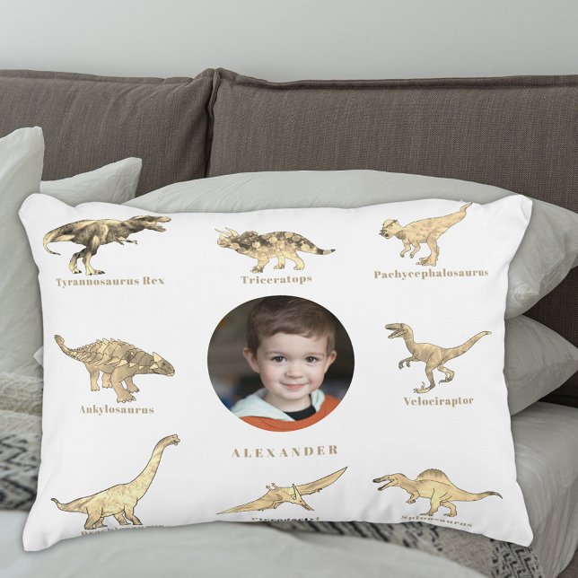 Personalized Dinosaur Boys Photo and Name Accent Pillow (Dinosaur boys personalized photo and name white pillow educational Dino names for kids)