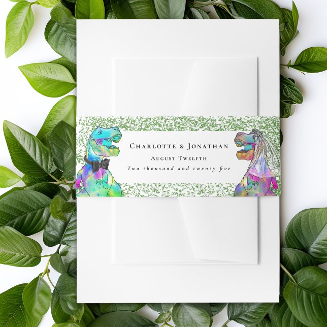 Personalized Dinosaur Bride & Groom Custom Wedding Invitation Belly Band (Funny colorful watercolor Dinosaur bride and groom Jurassic wedding invitation custom belly bands)