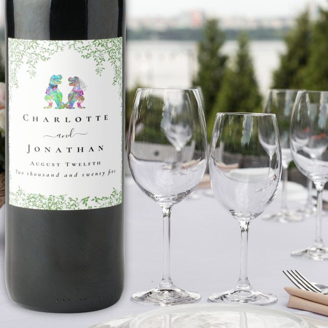 Personalized Dinosaur Bride & Groom Wedding Wine Label (T-Rex bride and groom dinosaur wedding colorful  custom wine labels watercolor foliage)