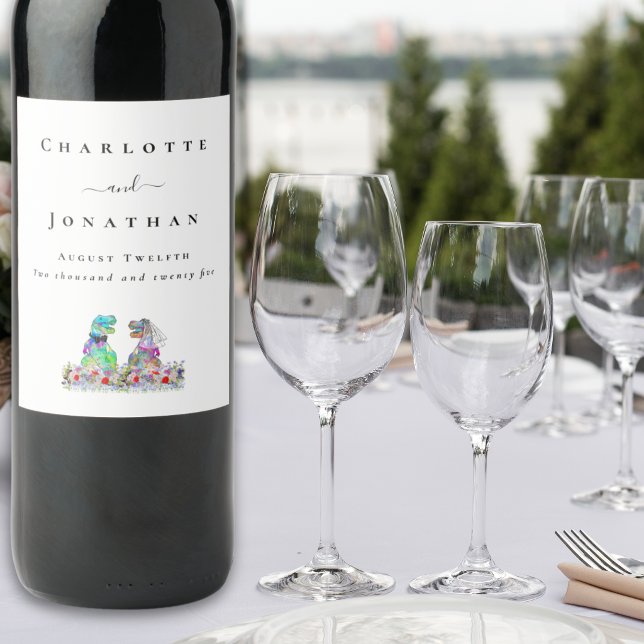 Personalized Dinosaur Bride & Groom Wedding Wine Label (Personalized T-Rex bride and groom dinosaur wedding colorful wildflower wine labels)