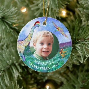 Personalized Dinosaur Christmas Photo Ceramic Ornament