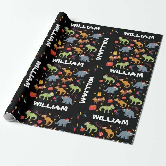 Personalized Dinosaur Christmas Santa Hat Pattern Wrapping Paper (Unrolled)