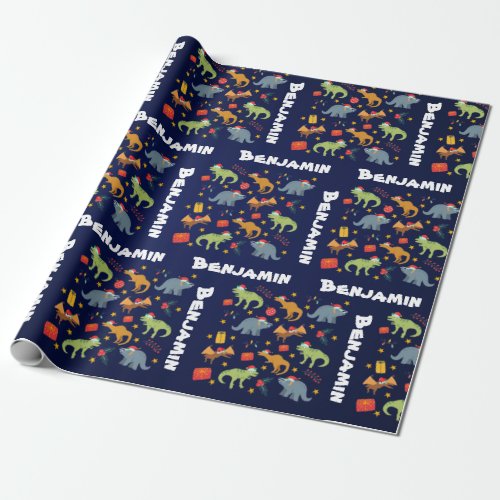 Personalized Dinosaur Christmas Santa Hat Pattern Wrapping Paper