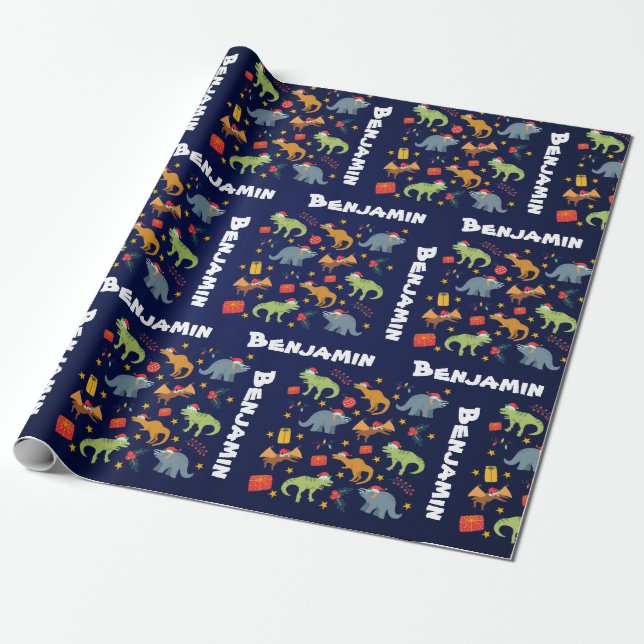 Personalized Dinosaur Christmas Santa Hat Pattern Wrapping Paper (Unrolled)
