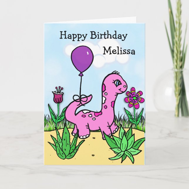 Personalized Dinosaur Girl's Birthday Card (Front)
