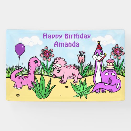 Personalized Dinosaur Girls Birthday Party Banner