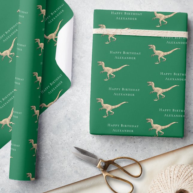 Personalized Dinosaur Happy Birthday Green Wrapping Paper (Personalized boy name dinosaur green happy birthday velociraptor gift wrapping paper fun raptor dino)